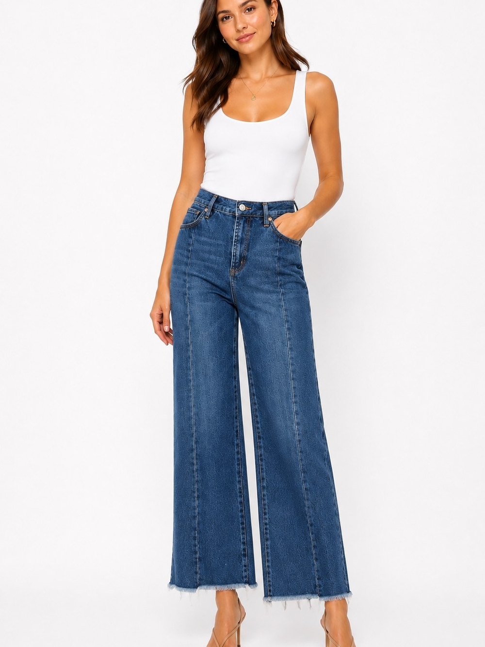 Mango High-Rise Wide Leg Jeans in Medium Blue Denim